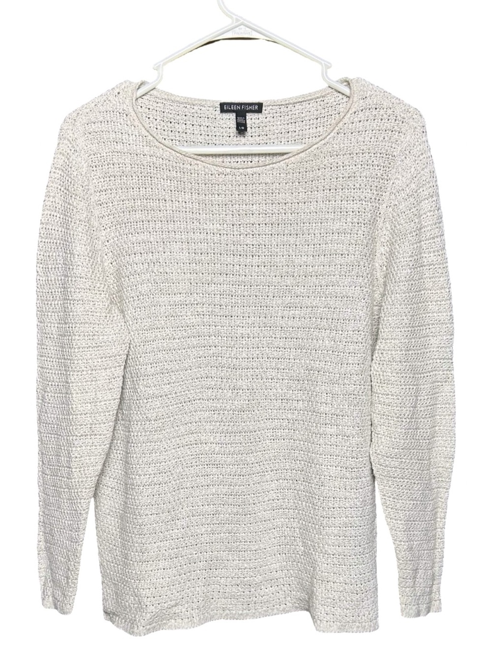 Eileen Fisher Off White Linen Blend Open Knit Sweater. Size Large